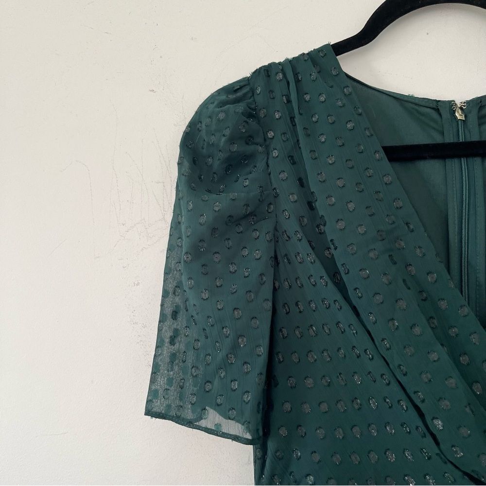 Tommy Hilfiger Emerald Green Faux Wrap Midi Dress Puff Sleeve Glitter Dot - Picture 11 of 16